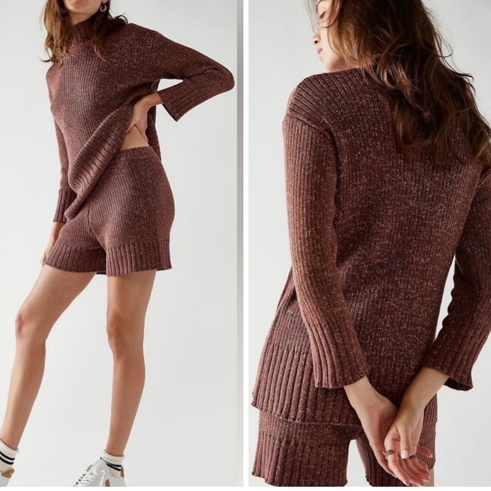 Free People Beach 2 pc Set Trez Knit Sweater Shorts Brown Multi Size XS